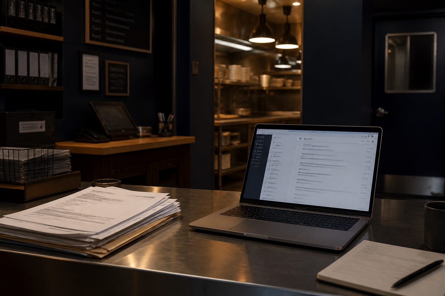 Laptop open to an email inbox on a stainless steel restaurant counter, with a commercial kitchen in the background